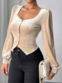Chiquease Camicia in velluto retrò d'alta gamma con colletto quadrato, cardigan corto in vita, elegante per primavera e autunno - Cachi - Visualizzare 3