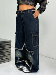 SHEIN EZwear Plus Size Star Printed Relaxed Fit Straight Leg Jeans - Blue - View 6