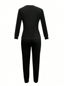 INAWLY 2pcs/Set Casual Round Neck Long Sleeve Top And Pants Suit, Autumn/Winter