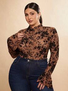 SHEIN BAE Plus Size Autumn And Winter Fashion Sexy And Elegant Women's Elastic Plus Size See-Through Sweet High Collar Fungus Ruffled Cuffs See-Through Black Elastic Flocking Jacquard Mesh Bodysuit, Super Versatile, Can Be Worn Inside Or Outside