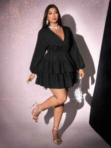 Viva Relle Plus Size Solid Color V-Neck Ruffle Hem Elegant Long Sleeve Dress,Valentine Fall Cloth For WomenValentine's Day - Black - View 7
