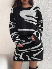 Chiquease Conjunto de 2 piezas de suéter de punto de color contrastante y minifalda casual para mujer, adecuado para uso diario en otoño/invierno