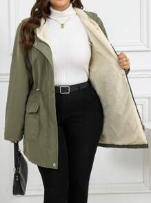 SHEIN LUNE Plus Size Women Solid Color Zip Front Drawstring Waist Hooded Coat, For Autumn/Winter