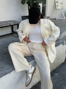 INAWLY Áo khoác blazer ve lật màu trơn thường ngày cho nữ, Thu/Đông - Màu be - Xem 5