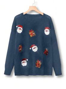 SHEIN LUNE Plus Size Women's Solid Color Knit Crew Neck Christmas Themed Beaded Decor Long Sleeve Casual Pullover Sweater