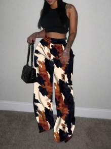 INAWLY 大码时尚拼色印花阔腿运动裤 - 彩色 - 查看 1