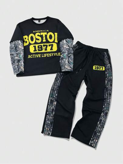 Prep Tuta da uomo composta da felpa girocollo a maniche lunghe con stampa a due toni e pantaloni della tuta con coulisse