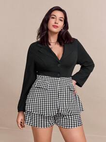 SHEIN Clasi Plus Size Herringbone Pattern Blazer & Matching Shorts Set, Autumn/Winter