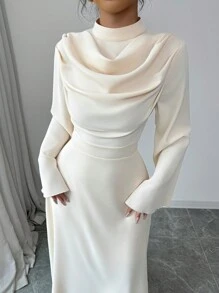 Elenzga Women's Stand Collar Pleated Long Sleeve Solid Color Mid-Length Dress Maxi Women Outfit