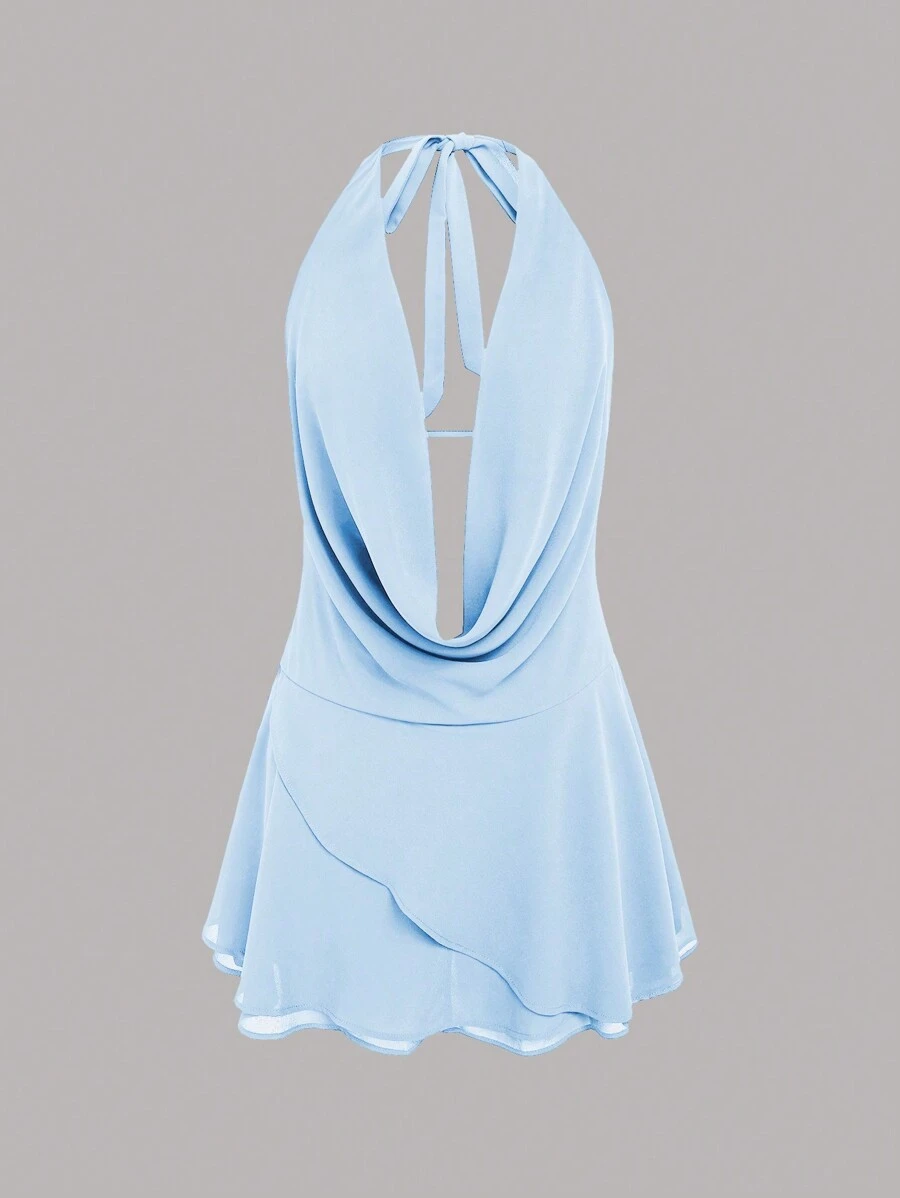 INAWLY Solva 女式夏季时尚垂领露背迷你连衣裙 - 淺藍色 - 查看 1