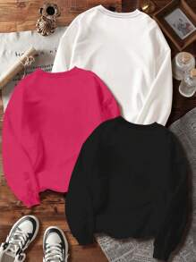 SHEIN 3pcs Tween Girls Casual Minimalist Thermal Lined Loose Fit Thick Crew Neck Long Sleeve Hoodies, Suitable For Autumn/Winter - Multicolor - View 2