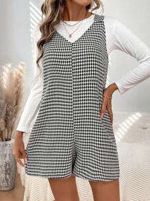 SHEIN LUNE Women's Houndstooth Print Jumpsuit Shorts, Autumn/Winter - Black and White - View 2