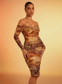 Hauture Long Sleeve Off Shoulder Printed Holiday Ruched Bodycon Midi Dress, Christmas Clothes Women - Multicolor - View 5