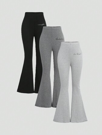 3 piezas/Conjunto Pantalones acampanados de punto con estampado de nombre de ciudad para niñas preadolescentes, conjunto básico casual