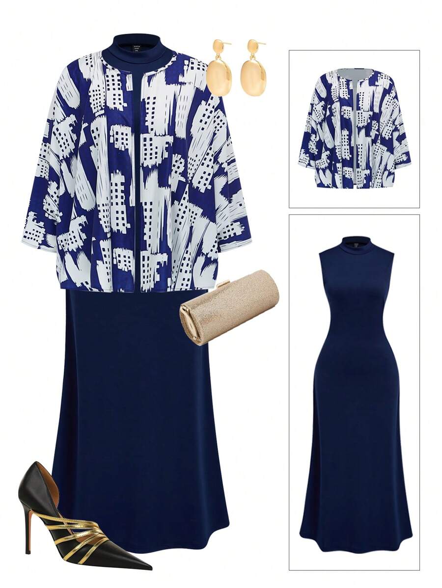 SHEIN Clasi Plus Size Women 2 Pieces Elegant Knitted Set For Autumn - Multicolor - View 1