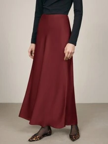 BizChic 女士纯色长款鱼尾裙，秋季女装冬季女装 - 酒紅色 - 查看 9