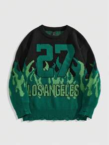 ROMWE MEN Men's Numeric Jacquard Crew Neck Long Sleeve Sweater, Casual Everyday Wear