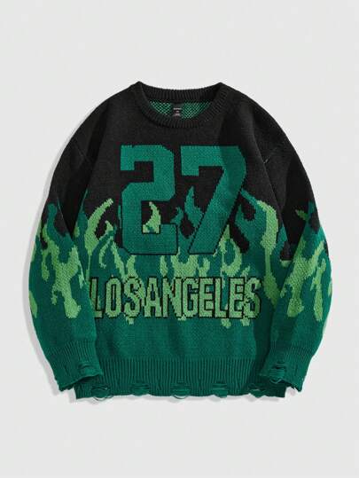 Men's Numeric Jacquard Crew Neck Long Sleeve Sweater, Casual Everyday Wear