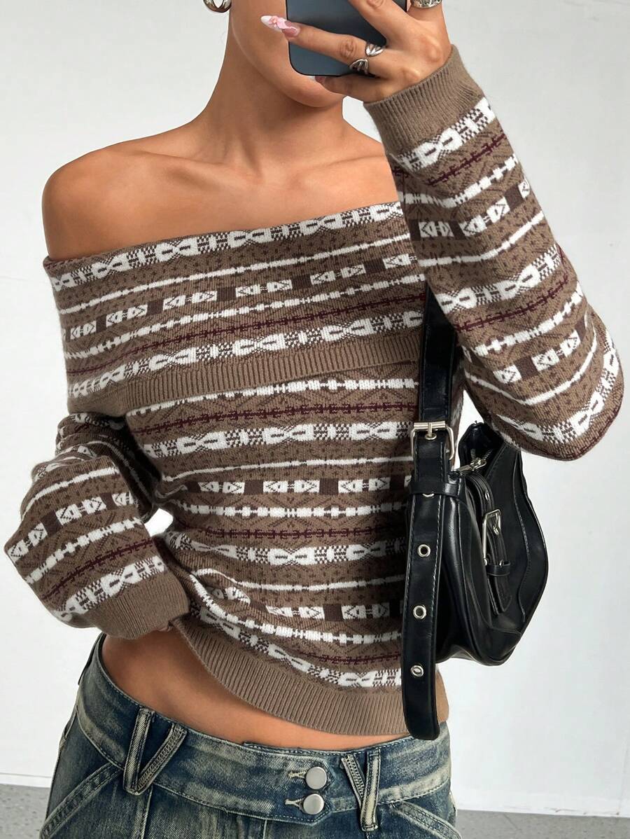 SHEIN Unity Pull moulant à manches longues et épaules dénudées avec motif géométrique tricoté, pull-over tricoté Y2K pour l'automne/l'hiver - Multicolore - Voir 1