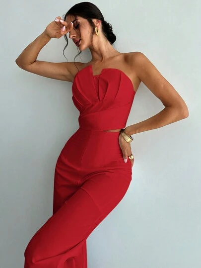 Firerie Women's Elegant Design Asymmetrical Tight Bandeau Top & High Waist Artificial Fishbone Straight Pants Set