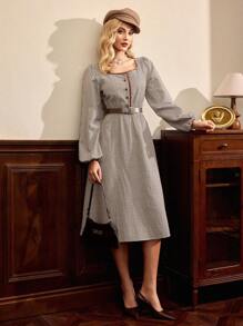 Vintamour 复古女装 复古优雅 格子 天鹅绒 拼色 口袋 腰带 方领 长款 灯笼袖 休闲工作 A 字喇叭裙 冬季女装 感恩节女装 长袖冬装 圣诞女装 圣诞装 长袖连衣裙 圣诞女装 圣诞连衣裙 圣诞衣服 除夕连衣裙 感恩节连衣裙 节日连衣裙 冬装 谷仓 Barnfit - 棕色 - 查看 5