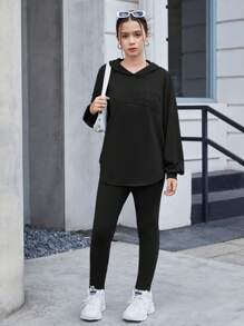 SHEIN 2pcs/Set Teens Girls Knit Solid Embossed Letter Pattern Hooded Sweatshirt And Relaxed Fit Pants Two Pieces Set - Black - View 5