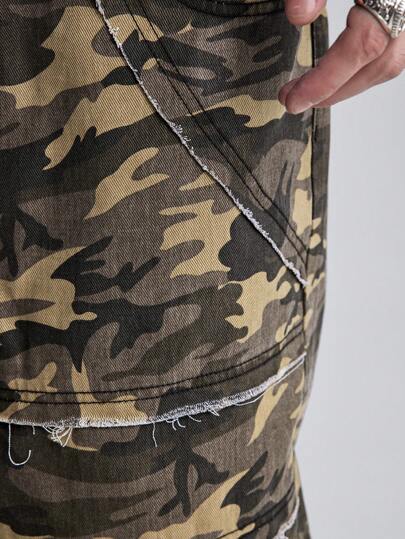 Street Life Pantalones vaqueros holgados de hombre con estampado de camuflaje y dobladillo crudo de pierna ancha, sin cinturón incluido