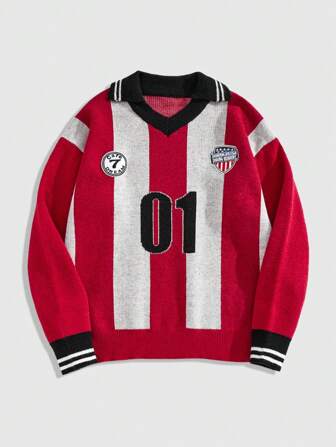 Prep Jersey de punto con cuello en V de manga larga con estampado de rayas de bloques de color para hombre