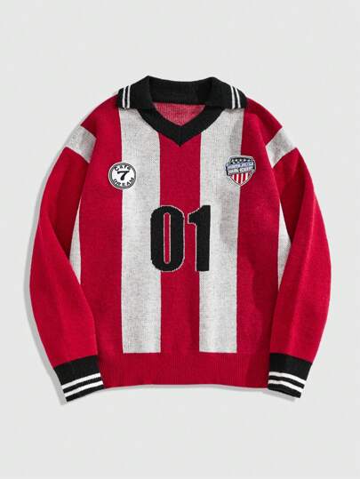 Prep Men's Colorblock Striped Print V-Neck Long Sleeve Pullover Sweater