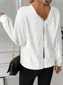 SHEIN LUNE Damska koronkowa koszulka z nadrukiem motyli, luźna, z okrągłym dekoltem, do noszenia na co dzień