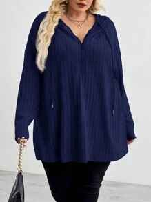 SHEIN CURVE+ Áo chui đầu lông cừu có mũ trùm đầu rộng rãi, khóa kéo hở một nửa, cỡ lớn, họa tiết - Màu xanh lam - Xem 5