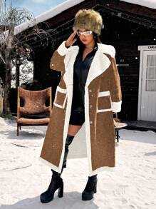 Calvaya Plus Size Autumn/Winter Faux Suede & Thermal Lined Contrast Color Lapel Pocket Long Cardigan, Casual Minimalist Versatile Long Jacket - Brown - View 3