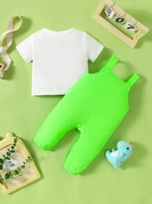 SHEIN 2 件套新生儿夏季服装，时尚可爱怪物刺绣吊带裤及配套套装 - 綠色 - 查看 2