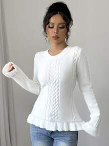 Chiquease 女士荷叶边麻花针织长袖毛衣，适合秋冬季节穿着