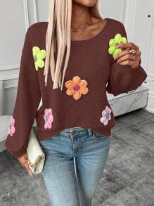 SHEIN LUNE Women 3D Floral Round Neck Long Sleeve Sweater - Rust Brown - View 4