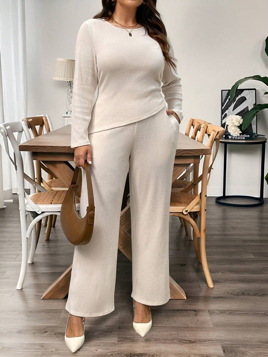 Flirla Plus Size Simple Knitted Ribbed Ruched Asymmetrical Hem Top And Pants 2 Pieces Set, Suitable For Autumn/Winter