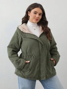 Aveloria Fashionable Minimalist Hooded Cinched Waist Slimming Plus Size Padded Padded Coat Clothes Winter - Army Green - View 4