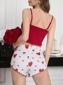 Conjunto de pijama de camiseta y shorts con forma de corazón y decoración de lazo, ajustado