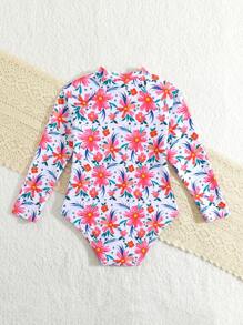 1 件装少女度假海滩花朵印花连体泳衣