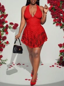 Slaydiva Red Ruched Backless Halter Neck A-Line Mini Dress For Valentine's Day - Red - View 3