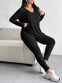 POPSWAY Plus Size Casual Solid Color Textured V-Neck Top And Pants Set Fall Cloth For Women - Black - View 7