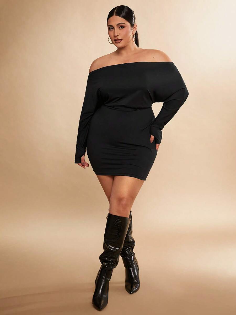 SHEIN BAE Plus Size Women Black Batwing Sleeve Long Sleeve Mini Dress, Short Dress, Plus Dress, Holiday Outfit For Women, Formal, Going Out, Night Out, Valentine's Day, Batwing Sleeves, Loose Fit, Hip, Comfortable, Tight Fit, Sexy Party Dress, Elegant Women Dresses, Fall, Winter, Girls, Off Shoulder Sweater Dress, Western Wear For Women, Holiday Party Women Outfit, Summer Women Outfit, Thermal Women - Black - View 1