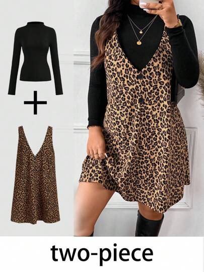 SHEIN Frenchy 2 件女式加大码套装：高领长袖简约上衣和豹纹连衣裙