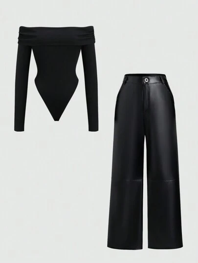 Sweetra Set de 2 piezas: Mono de manga larga con hombros descubiertos y pantalones casuales de PU