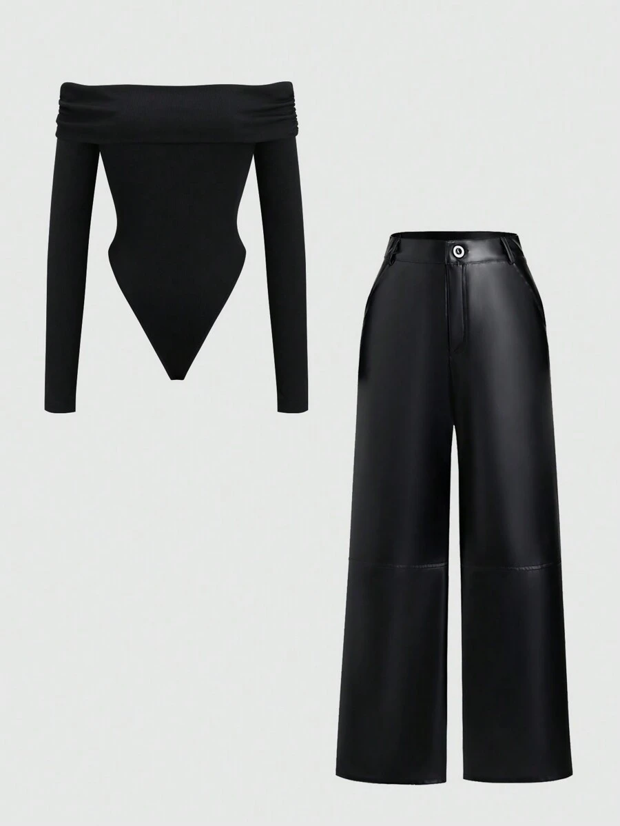 Sweetra Bộ 2 món/Bộ đồ liền thân dài tay trễ vai và quần da PU thường ngày - màu đen - Xem 1