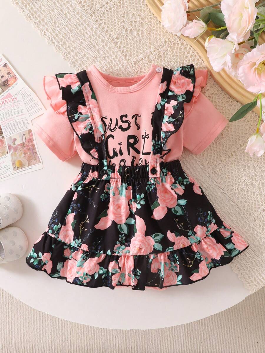 SHEIN 2pcs/Set Girl Summer Outfit, English Print Short Sleeve Blouse And Floral Printed Flare Pants - Pink - View 1