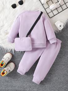 Baby Girls Autumn/Winter Casual Sports Minimalist Style Rose Red Sweatshirt & Elastic Waist Long Pants 2 Pieces Outfit + Crossbody Bag - Purple - View 2
