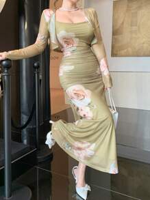 DAZY 2pcs Women Flower Print Minimalist Top And Dress Set, Long Sleeve - Green - View 3