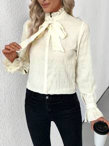 SHEIN Clasi Plain Color Bowknot Versatile Blouse, Spring & Autumn Women Shirt - Apricot - View 5