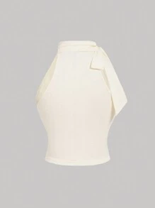 SHEIN MOD 加大码立领蝴蝶结褶皱杏色上衣 - 杏色 - 查看 2